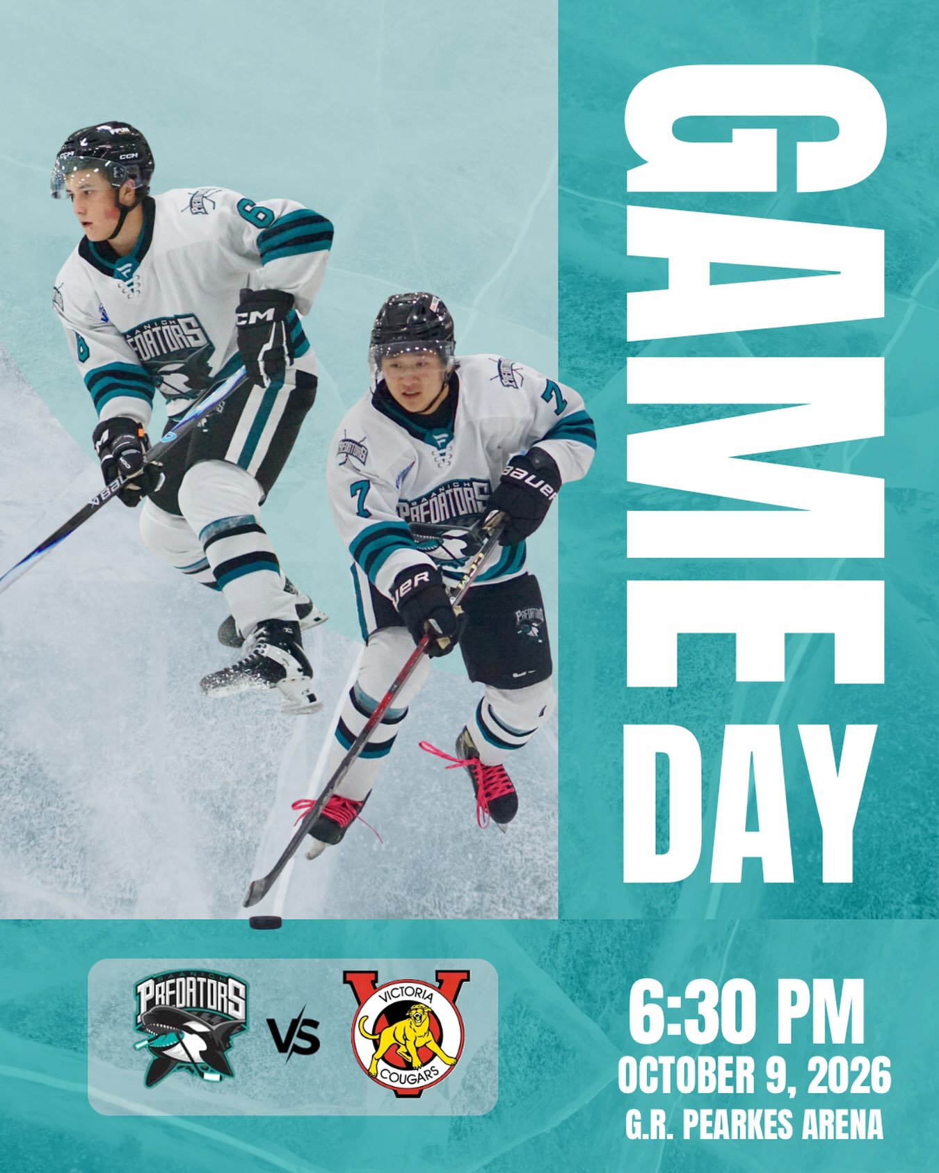 It’s game day! 6:30 puck drop at home against the Victoria Cougars!