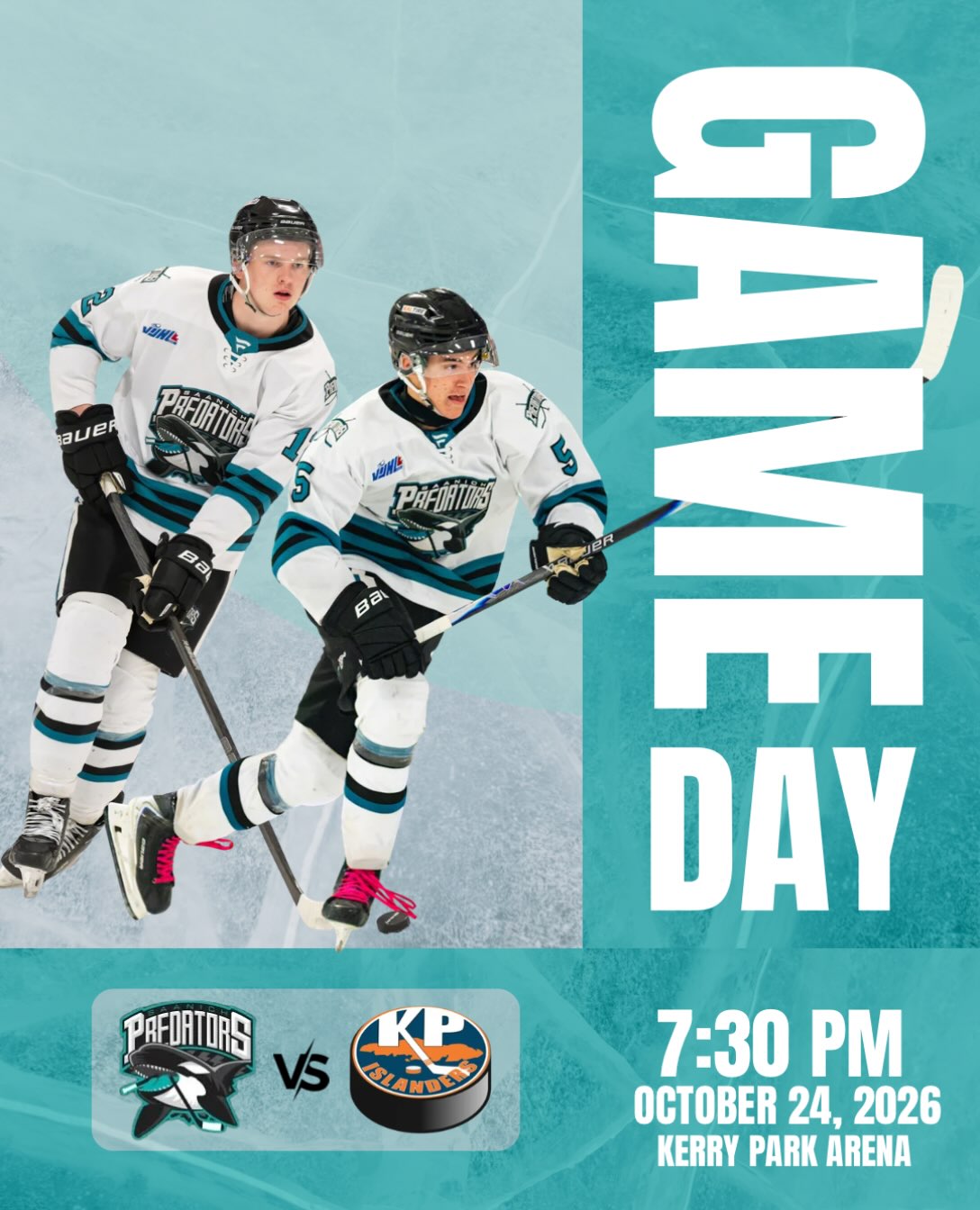 The Saanich Predators are on the road this evening! 7:30 pm puck drop in Kerry Park!