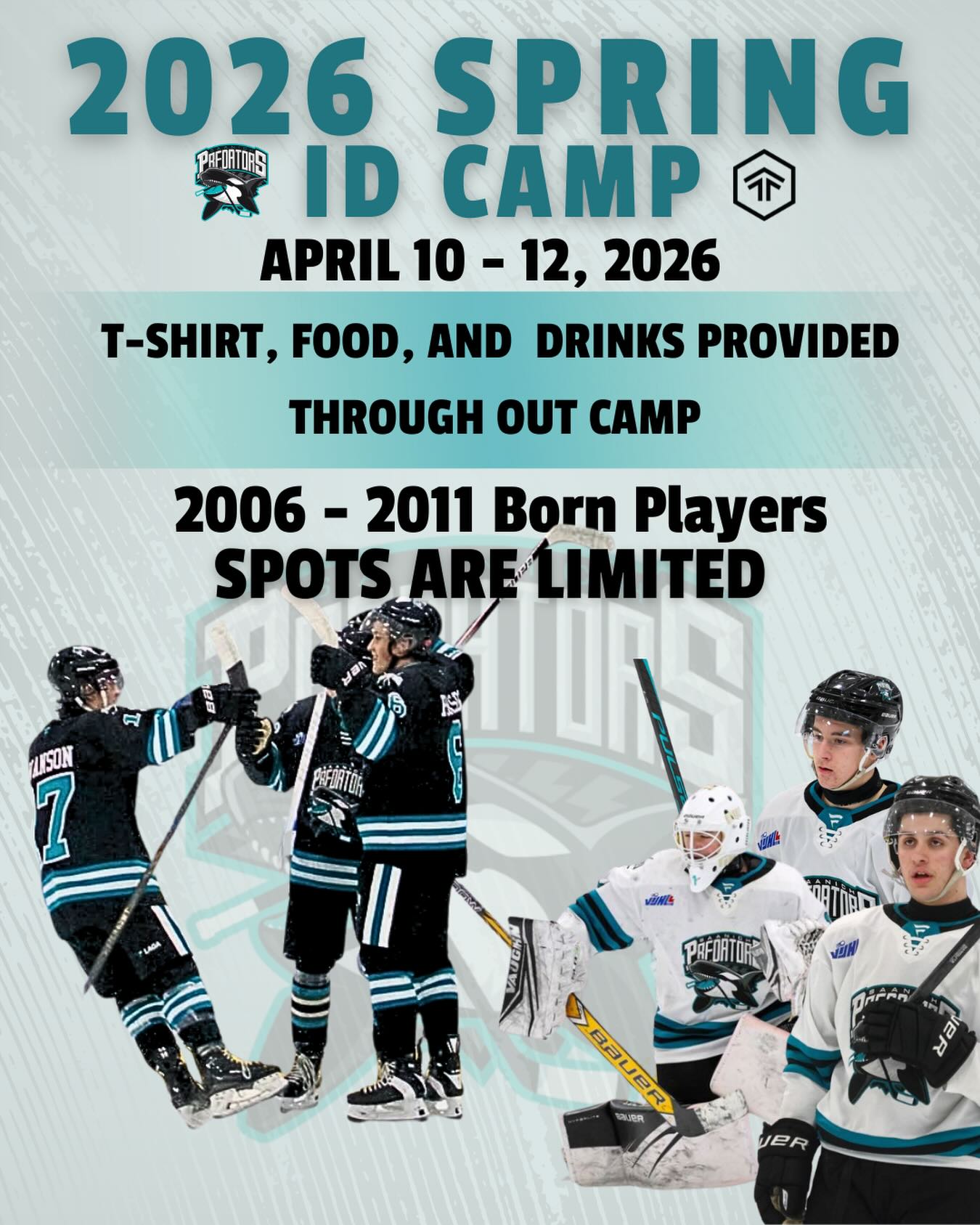 ‼️SAANICH PREDATORS 2026 SPRING ID CAMP‼️

The Saanich Predators are proud to invite all 2006 - 2011 born players to our Spring Identification Camp! 

Over three days at Camp all players will take part in five ice sessions and one off ice session at Transform Sports, designed to challenge, develop and showcase your abilities. Players will be mentored by our coaching staff while gaining exposure to our team’s pace, standards, and culture.

✔️Camp t-shirt for every player
✔️Snacks & Gatorade provided through out camp
✔️Awards for standout performers

This camp is the first step in building our 2026–27 roster. 20 standout players will be identified for future opportunities within the Predators, including advancement camps and potential roster consideration.

Spots are limited, follow the link in our bio to register today! https://forms.gle/tGMqgFeYnpjNMYqb7

🗓️ April 10 - 12, 2026 
📍G.R. Pearkes Recreation Centre 
💲$299 + GST 

📩  Questions? 
General Manager & Head Coach of the Saanich Predators. 
Cody Carlson: codycarlson56@gmail.com