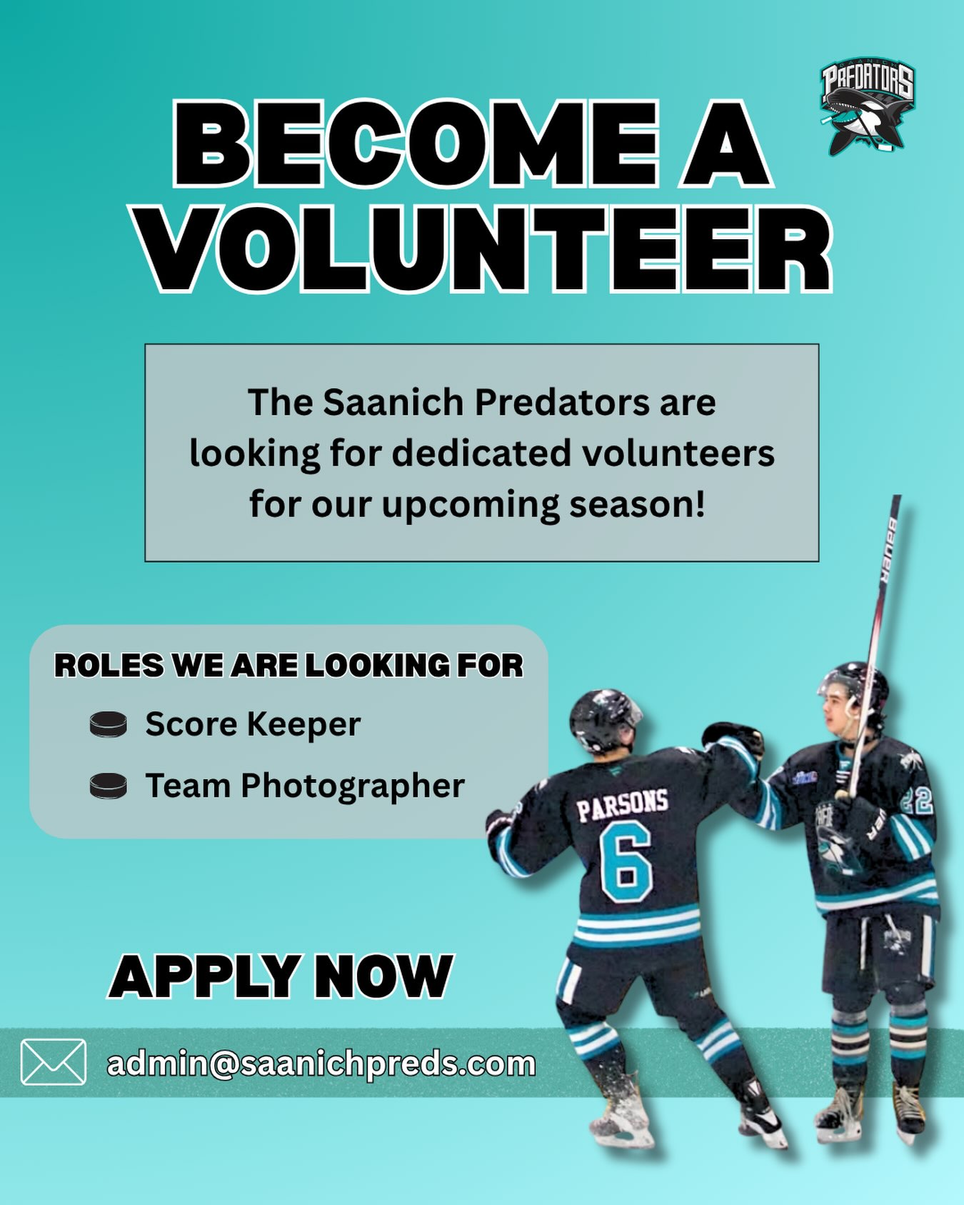 The Saanich Predators are looking for dedicated volunteers for our upcoming season! 

Apply today for a rewarding opportunity in the community 🫍