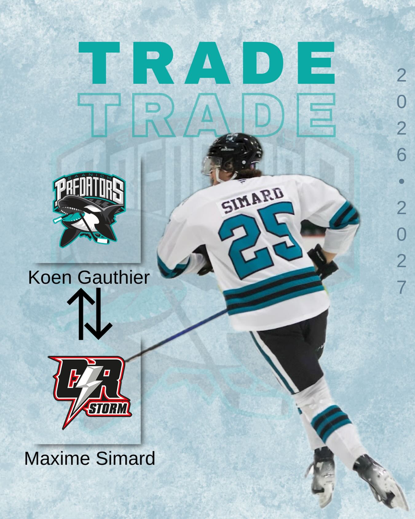 🚨Trade Alert🚨

The Preds are bringing back a familiar face, Maxime Simard ‘06 is returning to Saanich after three previous seasons in teal! 🐳🔥

Koen Gauthier ‘07 is heading to Campbell River. Thank you for your work in Saanich, good luck in CR!